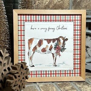 NEW! Christmas Farmhouse Winter Holiday Rustic Wood Framed Farm Cow Sign